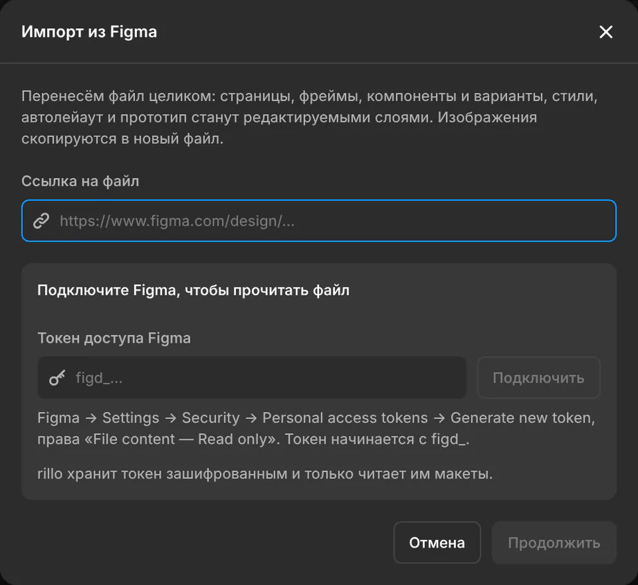 Окно «Импорт из Figma»: поле для ссылки на файл и поле для токена доступа Figma